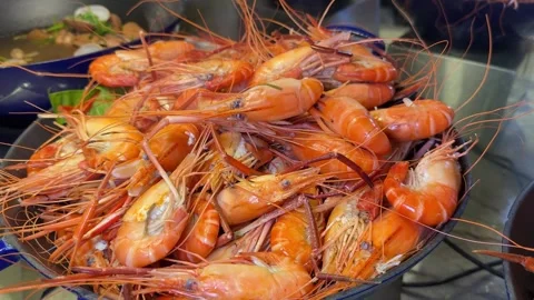 Buffet large selection of dishes asia seafood Top view of raw whole tiger prawns Stock Footage 311105064