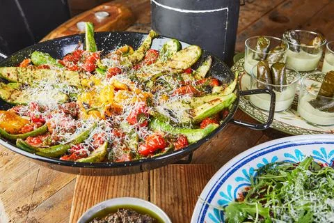 Buffet with a large selection of vegetable dishes and salads, healthy food Stock Photos