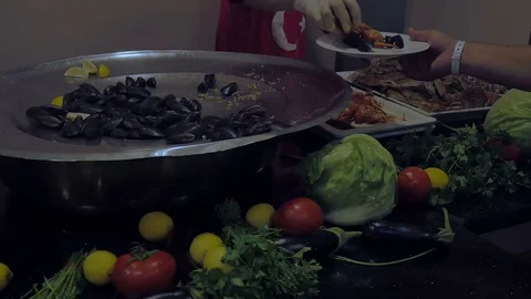Buffet in a luxury restaurant with seafood crabs oyster crayfish. Celebration Stock Footage 80629596