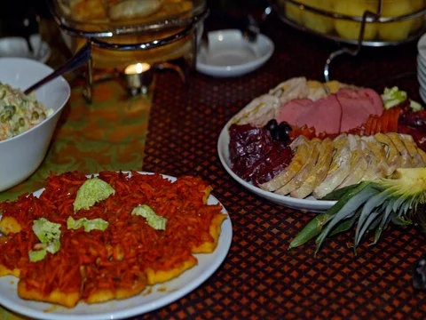 Buffet meals are on the table Stock Footage 73565570