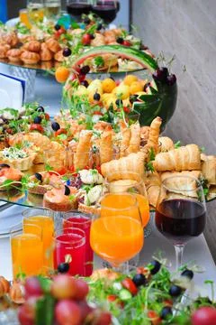 Buffet or catering: snacks, fruit and drinks Stock Photos