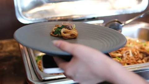 Buffet pasta collect Open buffet with shiny look. Buffet restaurant, the hotel Stock Footage 311874400