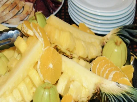 Buffet, pineapple and sweets are on the table 스톡 동영상 73576736