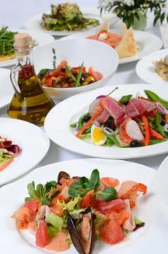 The buffet in the restaurant with different meals Stock Photos