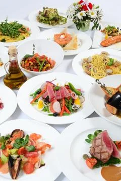 The buffet in the restaurant with different meals Stock Photos