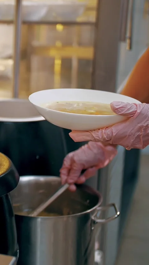 Buffet restaurant. self-service cafeteria. close-up. waitress, in protective Video stock 318726288