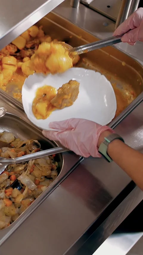 Buffet restaurant. self-service cafeteria. close-up. waitress, in protective Stock-Footage 319016995
