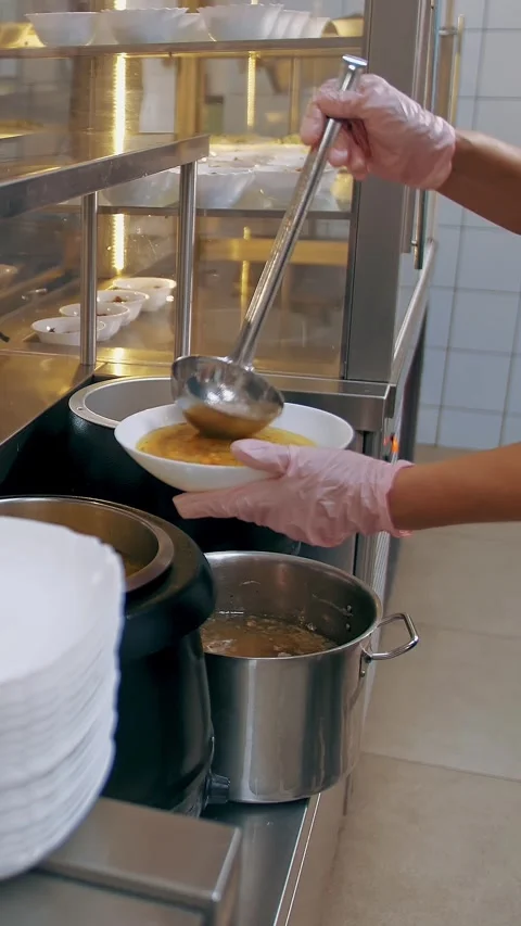 Buffet restaurant. self-service cafeteria. close-up. waitress, in protective Stock-Footage 319098065
