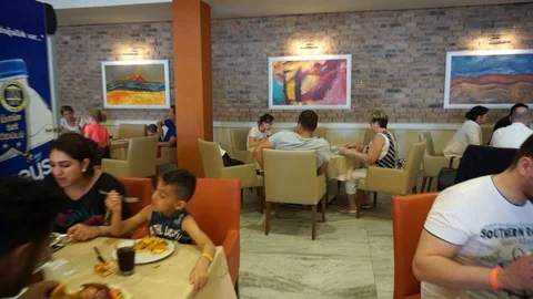 Buffet restaurant in the Turkish resort. The first person view, walking along Stock Footage 91719745
