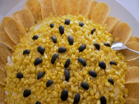 Buffet: salad sunflower is on the table Video stock 78617195