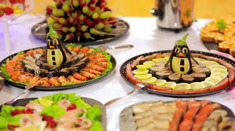 Buffet: salads, meat and fish dishes are on the table Stock Footage 67656759