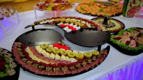 Buffet: salads, meat and fish dishes are on the table Stock Footage 67656889