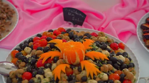 Buffet: salads, meat and fish dishes are on the table Video stock 67656900