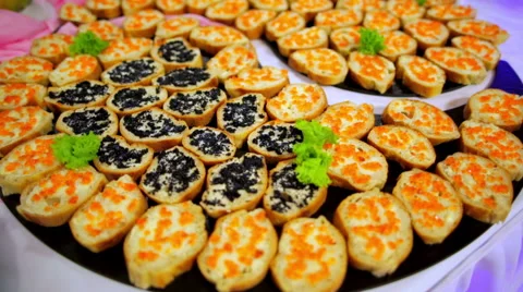Buffet: salads, meat and fish dishes are on the table Stock Footage 67656950