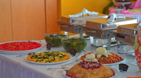Buffet: salads, meat and fish dishes are on the table Stock Footage 67657308