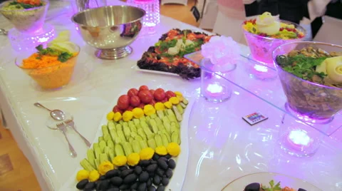 Buffet: salads, meat and fish dishes are on the table Stock Footage 68156341