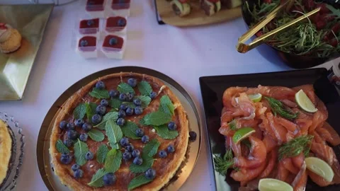 Buffet, self-service area. All inclusive. Close-up, breakfast at the hotel. Top Stock Footage 260452955