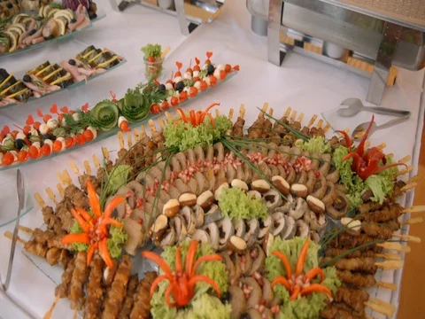Buffet, snacks and salads on the plates 库存影片 75562260