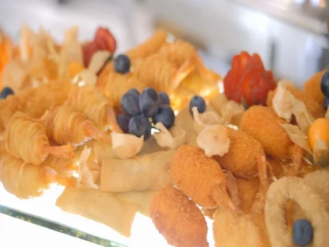 Buffet, snacks and salads on the plates 스톡 동영상 75563155