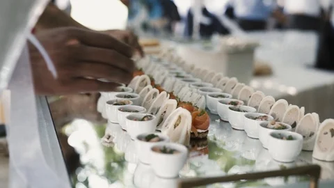 Buffet with snacks at the outdoor event. Stock Footage 93420433