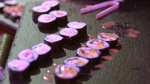 Buffet, sushi is nice on the table Stock Footage 121893996