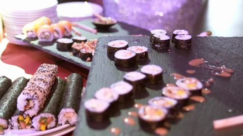 Buffet, sushi is nice on the table Stock Footage 121894398