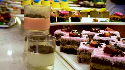 Buffet of sweet cream cakes Stock Footage 190918643