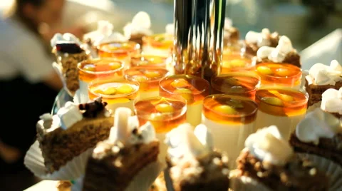 Buffet with sweets on the wedding close up Stock Footage