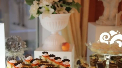 Buffet with sweets on the wedding close up Stock-Footage 69755451