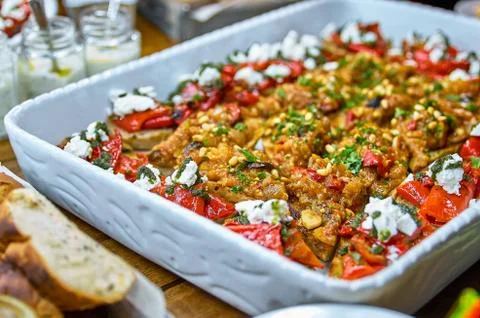 Buffet table with Bruschetta, Appetizers and different sauces. with hummus, b Stock Photos