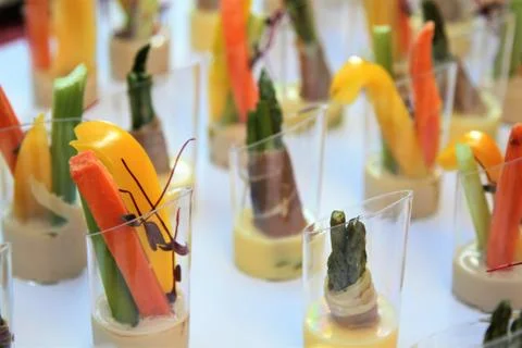 Buffet table with  cut vegetable hors d'oeuvres on a white tablecloth Stock Photos