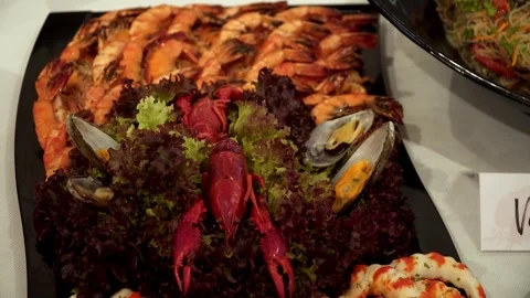 Buffet table different dishes are on the table Stock Footage 285114319