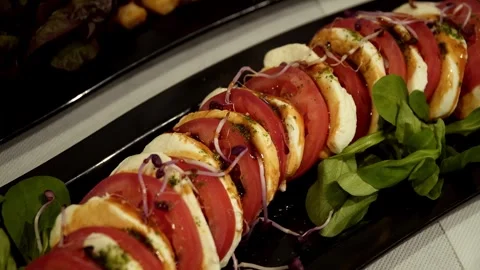 Buffet table different dishes are on the table Stock Footage 285114413