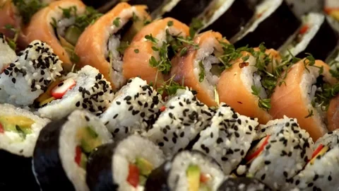 Buffet table different dishes are on the table Stock-Footage 285114473