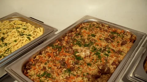 Buffet table different dishes are on the table 스톡 동영상 313818616