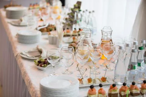 Buffet table with dishes and snacks Stock Photos