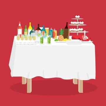 Buffet table with food and drinks. Cartoon style vector illustra Stock Illustration