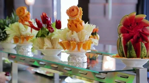 A buffet table with fruit and pastries Stock Footage 76428244
