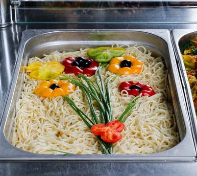 Buffet table served with different canapes, salads Stock Photos