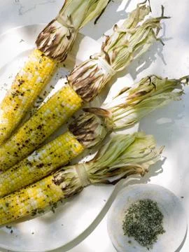A buffet table set up in a garden for al al fresco meal. sweetcorn, grilled c Fotos de archivo