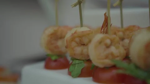 Buffet table. shrimp appetizers. seafood on the table Stock Footage 131840624