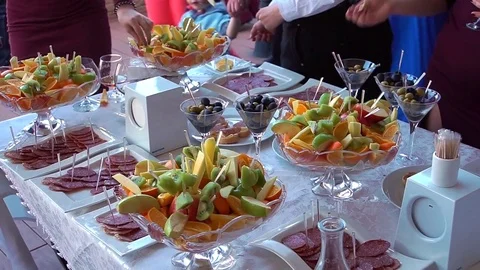 Buffet table with snack and fruit. Video stock 75082970