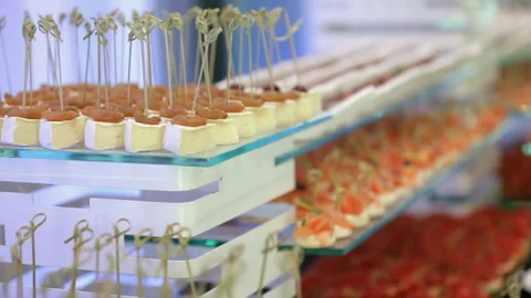 Buffet table with snacks on skewers Stockbeeldmateriaal 155939826