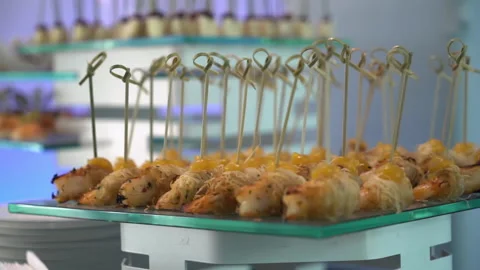 Buffet table with snacks on skewers Stockbeeldmateriaal 155939859