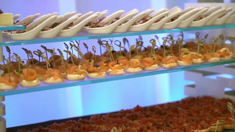 Buffet table with snacks on skewers Stockbeeldmateriaal 155940162