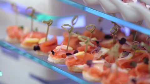 Buffet table with snacks on skewers Stockbeeldmateriaal 155940598