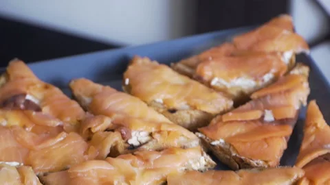 Buffet table with snacks on skewers 스톡 동영상 160687583