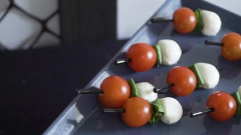 Buffet table with snacks on skewers 스톡 동영상 160687618