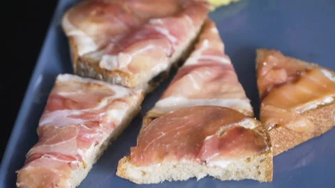 Buffet table with snacks on skewers 스톡 동영상 160687656