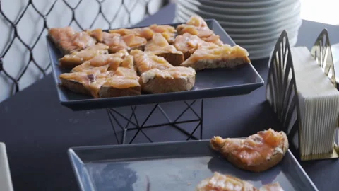 Buffet table with snacks on skewers 스톡 동영상 160687699